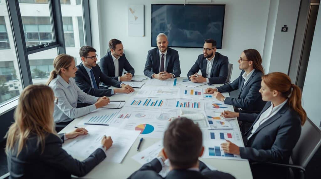 Team bei einer Besprechung über nachhaltiges Holzbau-Projekt.
